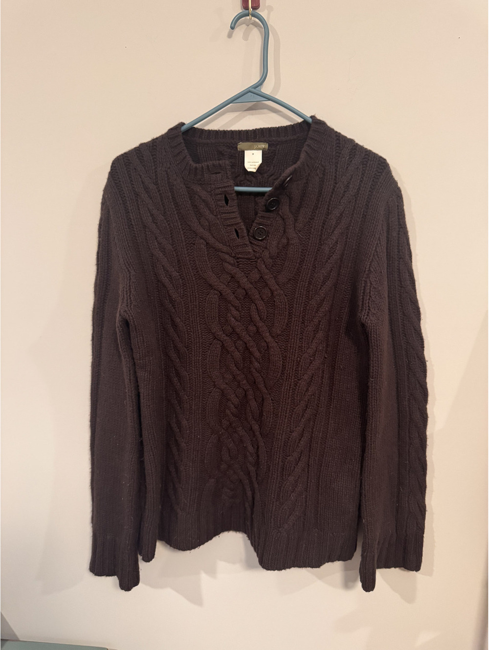 JCrew Cable Knit Wool Sweater Womens Medium Chocolate Henley Button